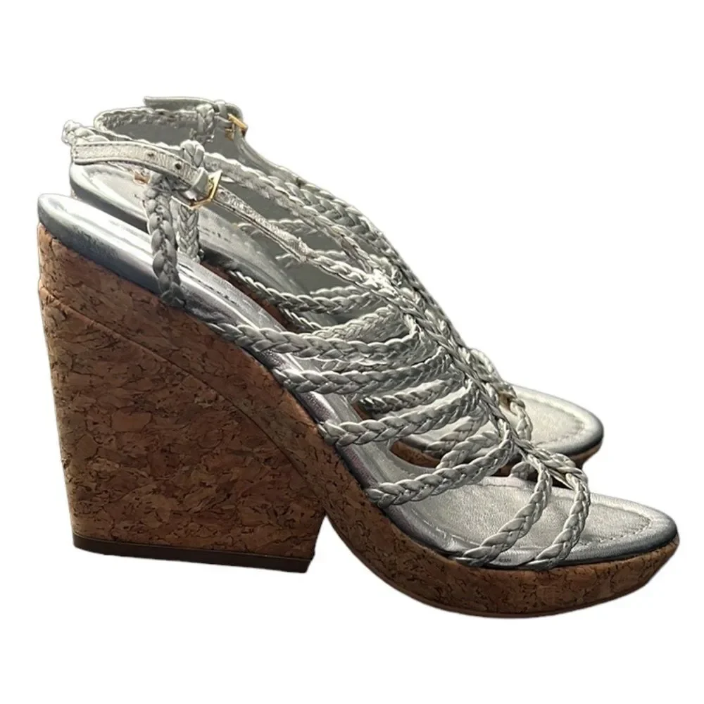 Kate Spade Felix Silver Braided Strappy Cork Wedge Sandals Size 7